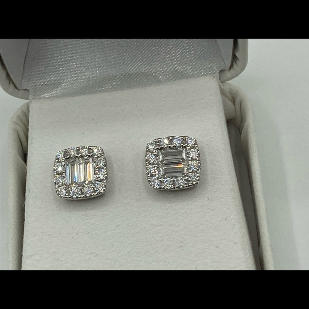 Silver Moissanite Earrings Micro Pave Emerald Cut 9.7 mm 11 ct - Picture 3 of 7